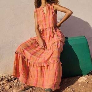 White Stuff Rosie Check Maxi Dress Pink Multi Size 12